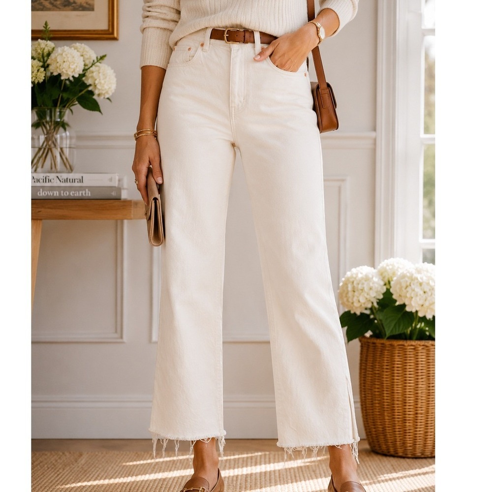 Zara The 90s Full Length High Rise Wide Leg Jeans Cream Off-White Side Slit US 2